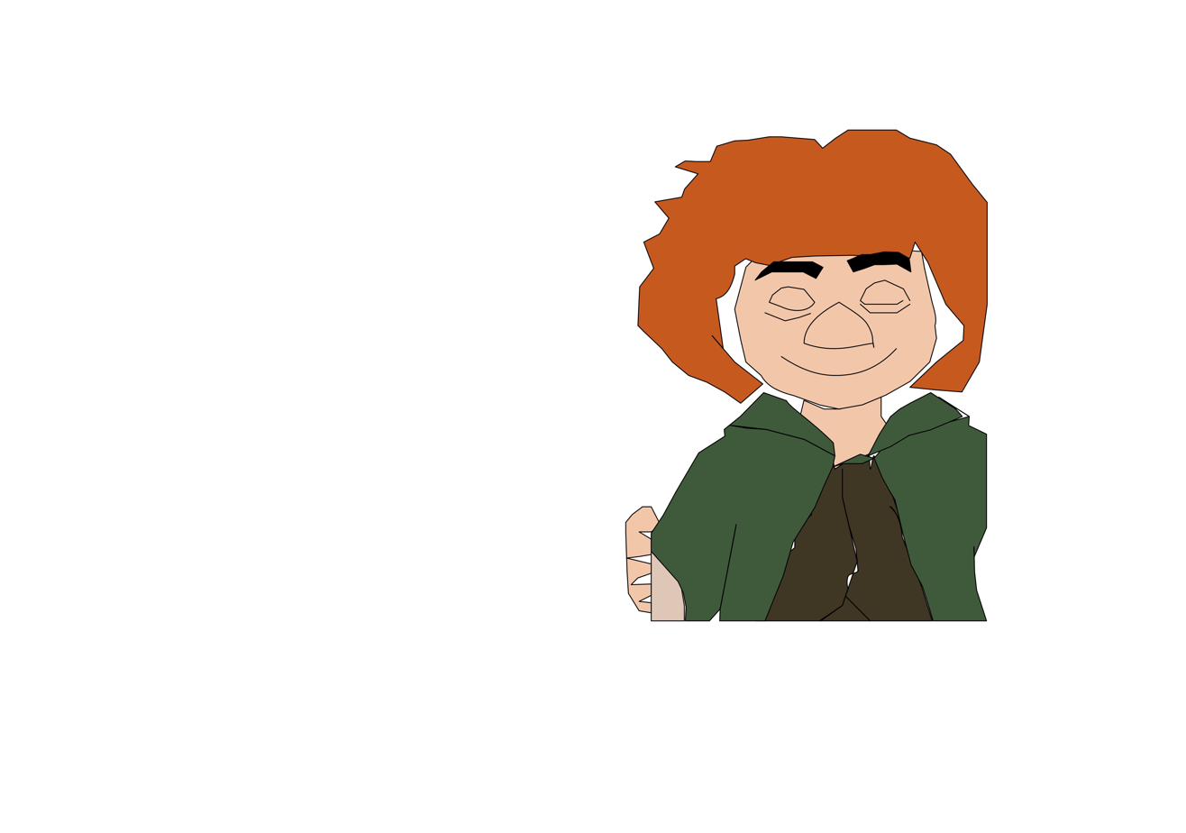 Character sketch — red-haired figure in a green hood